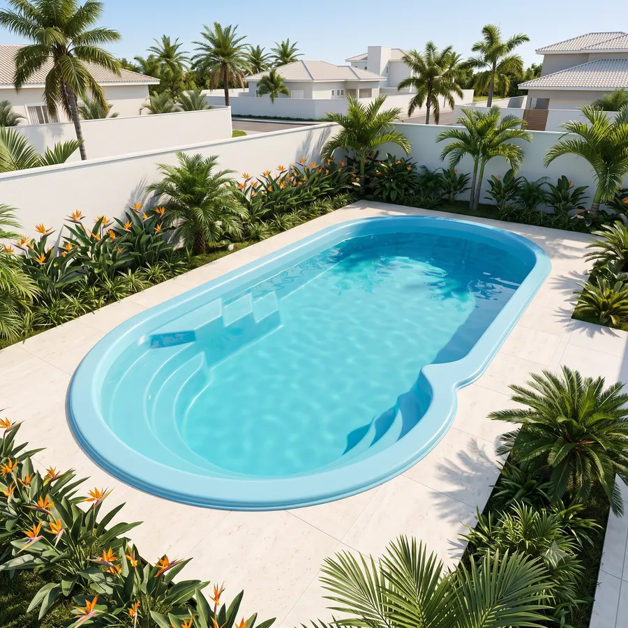 Piscina Porto Seguro, formato oval com banco, instalada em área externa na Região dos Lagos