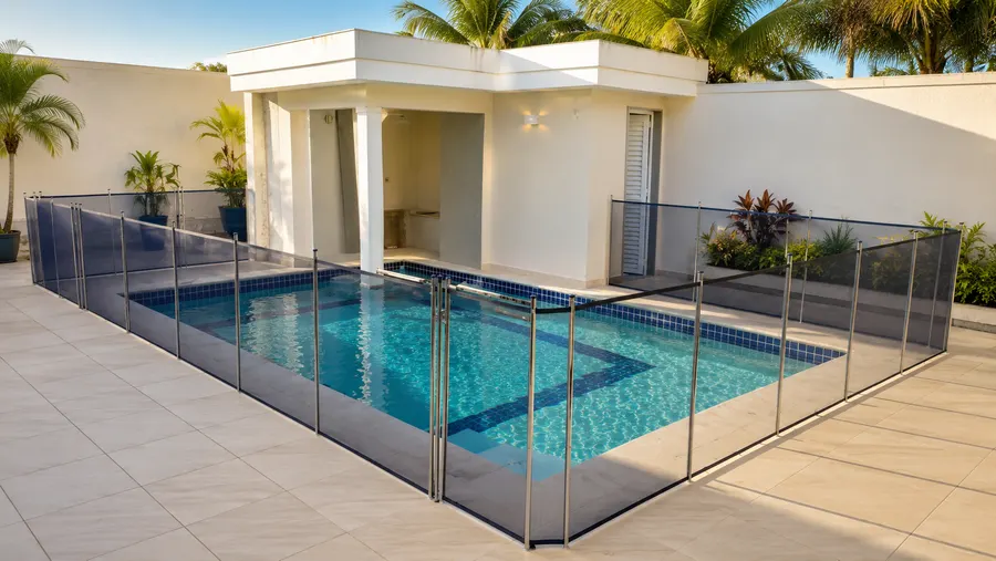 Piscina de fibra com cerca de proteção e área gourmet — obra Aguazul