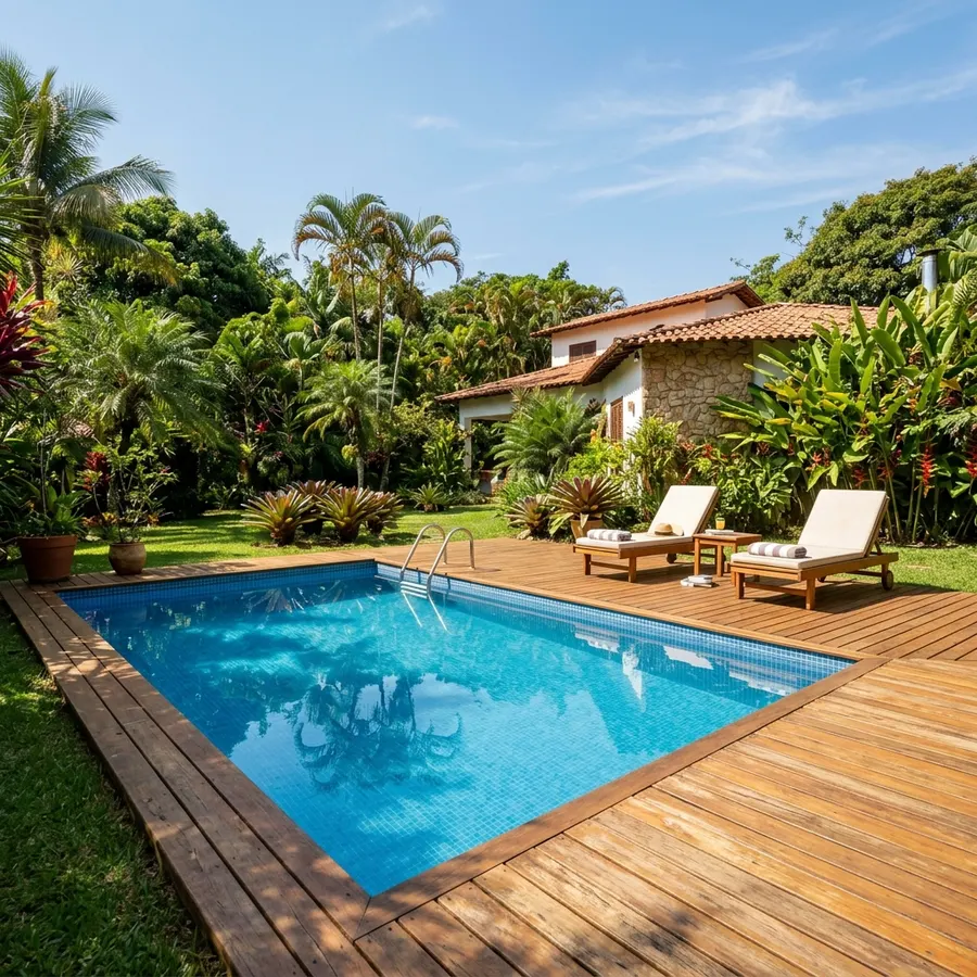 Piscina de fibra com deck de madeira e jardim tropical — obra Aguazul