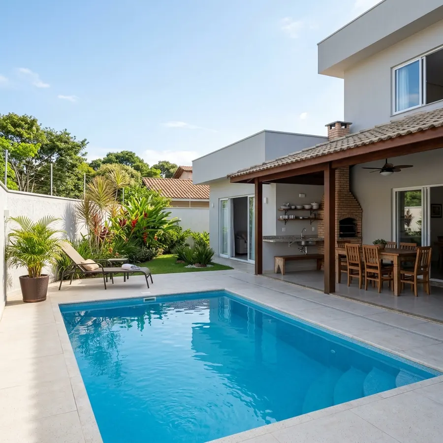 Piscina de fibra ao lado de área gourmet com churrasqueira — obra Aguazul