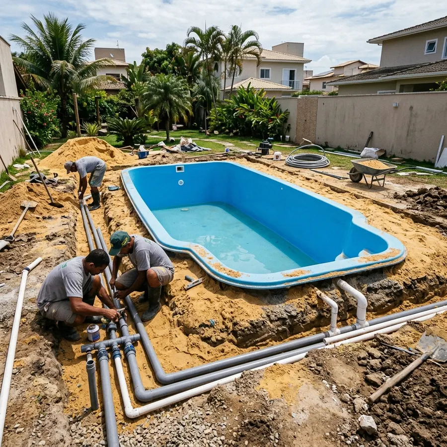 Área de lazer com piscina instalada pela Aguazul na Região dos Lagos