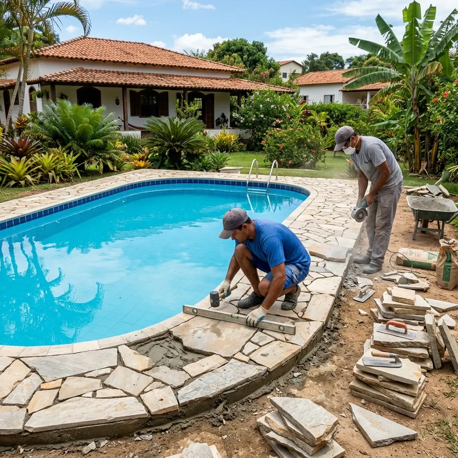 Piscina de fibra concluída em residência na Região dos Lagos